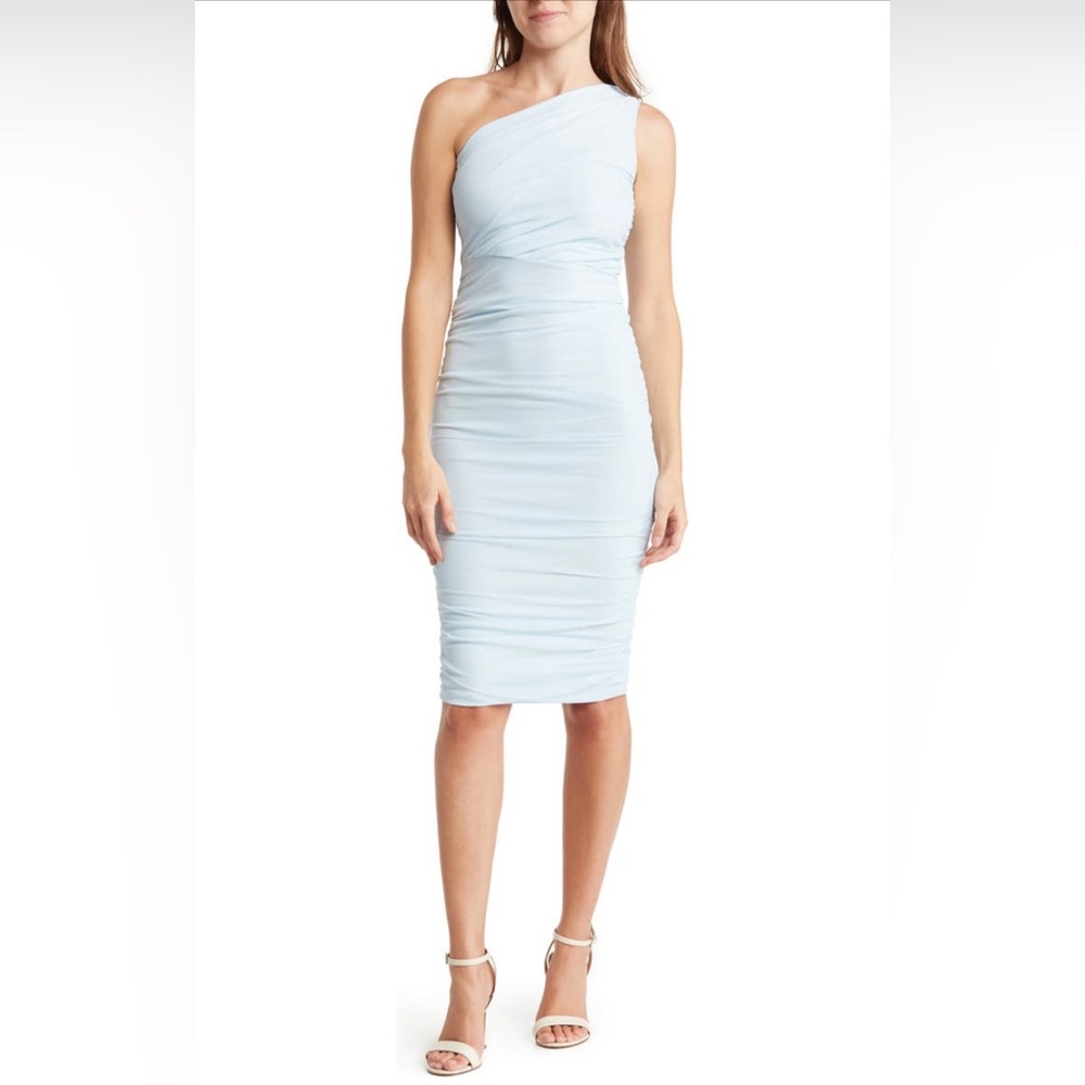 One shoulder body on midi dress in baby blue